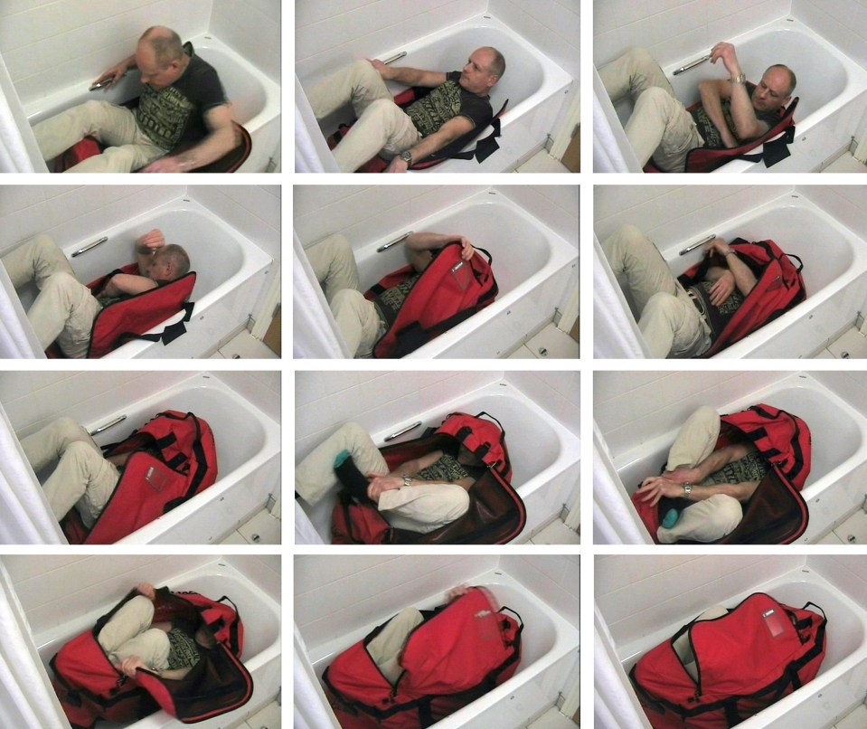 Photos showing a yoga specialist trying to lock himself in the sports bag unaided