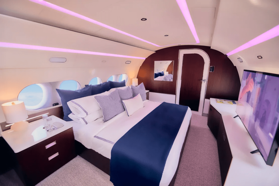 The plane boasts a master suite and onboard shower