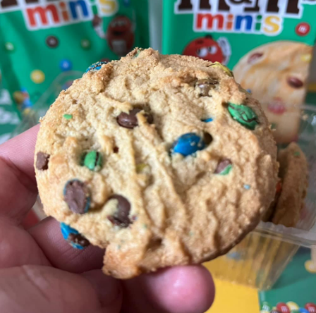 The cookie is packed with tiny coloured M&Ms chocolate chips