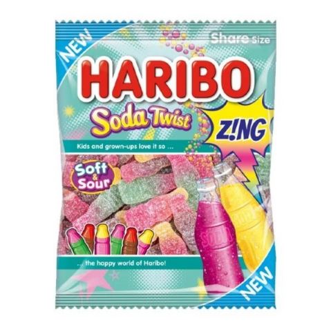 a bag of haribo soda twist zing soft and sour candy .