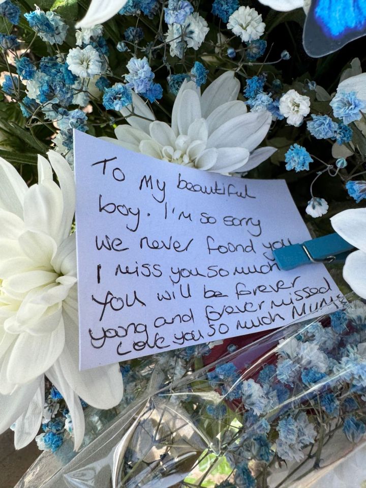 a handwritten note to a boy says " to my beautiful boy i 'm so sorry we never found you "