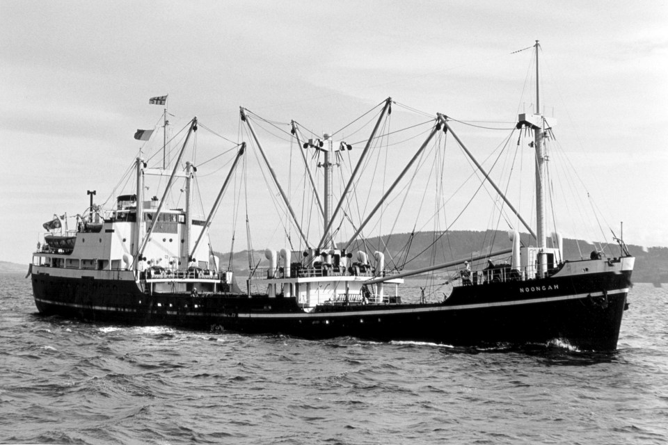 a black and white photo of a large ship named broncan