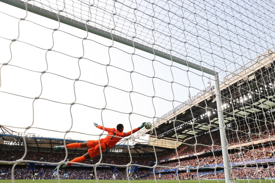 a soccer goalie dives to catch a ball in the net