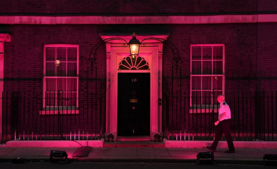 Number 10 Downing Street has been lit up pink in memory of those killed in Southport