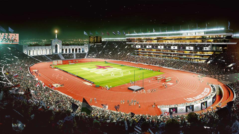 a stadium with the word los angeles on the track