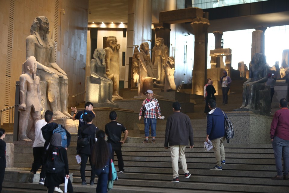 The ‘Grand Staircase’ at the Egyptian Museum being introduced to press members before its opening date Credit: Getty