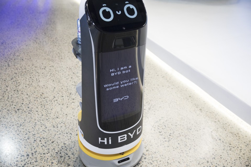 Robotic assistants are used in BYD showrooms and stores in other locations - including this one in Sydney