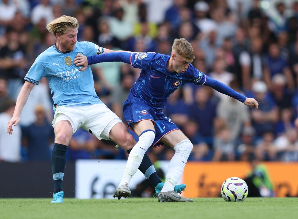 Cole Palmer, seen fending off Kevin De Bruyne, had few chances