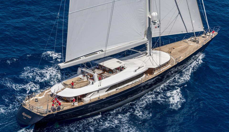 an aerial view of a large sailboat named skyman