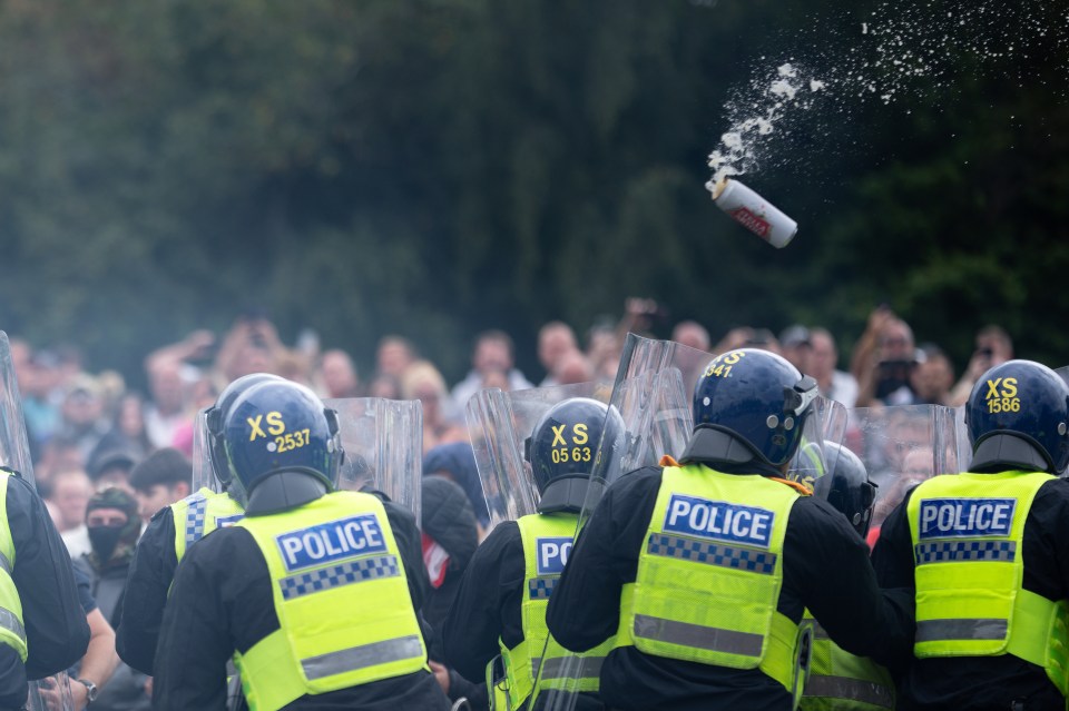 Riot police officers push back protesters outside the Holiday Inn Express Hotel in Rotherham