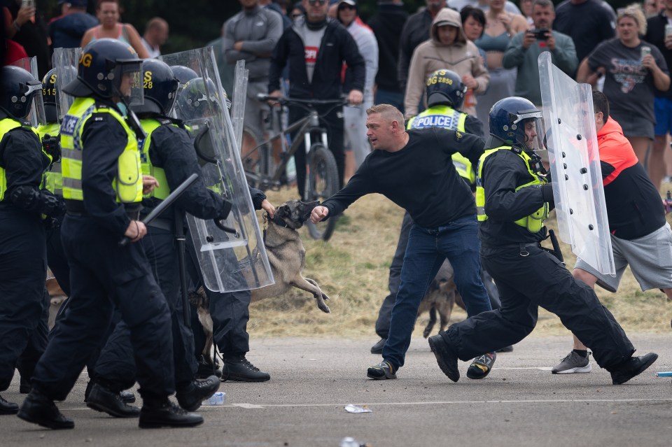 Police are seen tackling rioters in Rotherham