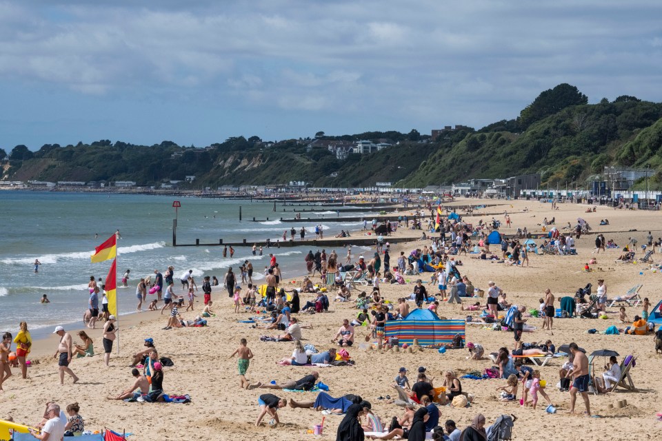 a crowded beach with a red and yellow lifeguard flag