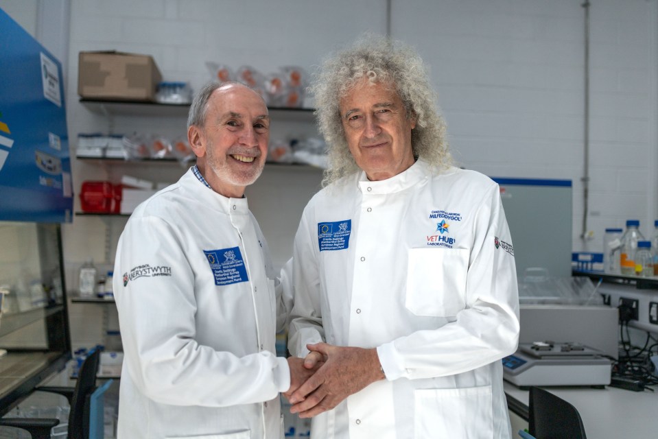 two men shaking hands with one wearing a lab coat that says vethub