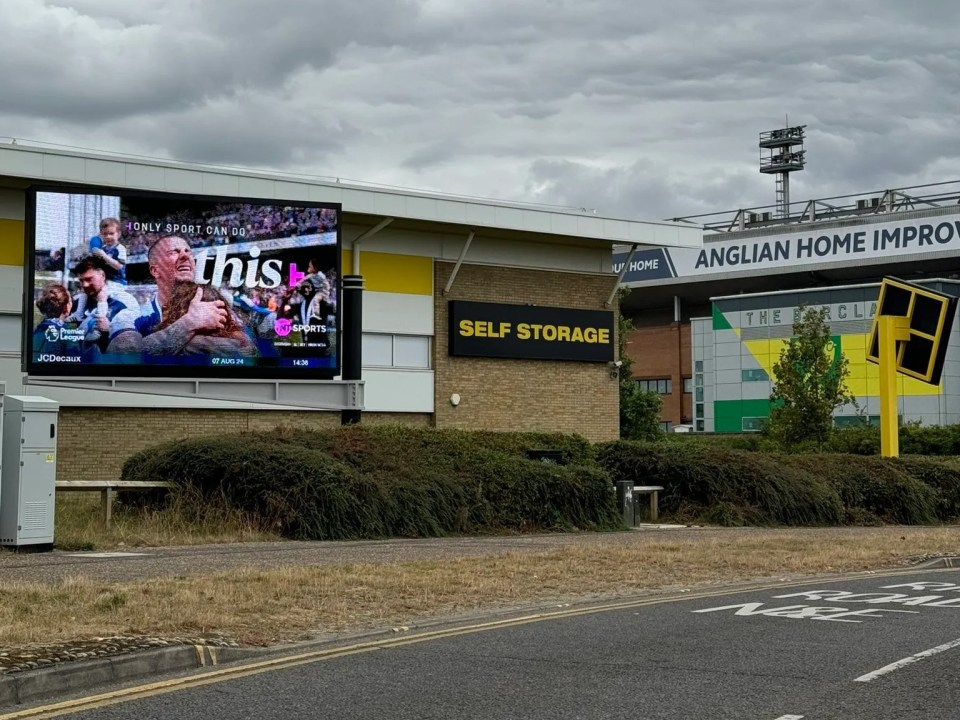 TNT Sports featured a Premier League advert outside of Carrow Road - with fierce rivals Ipswich celebrating Premier League promotion playing out