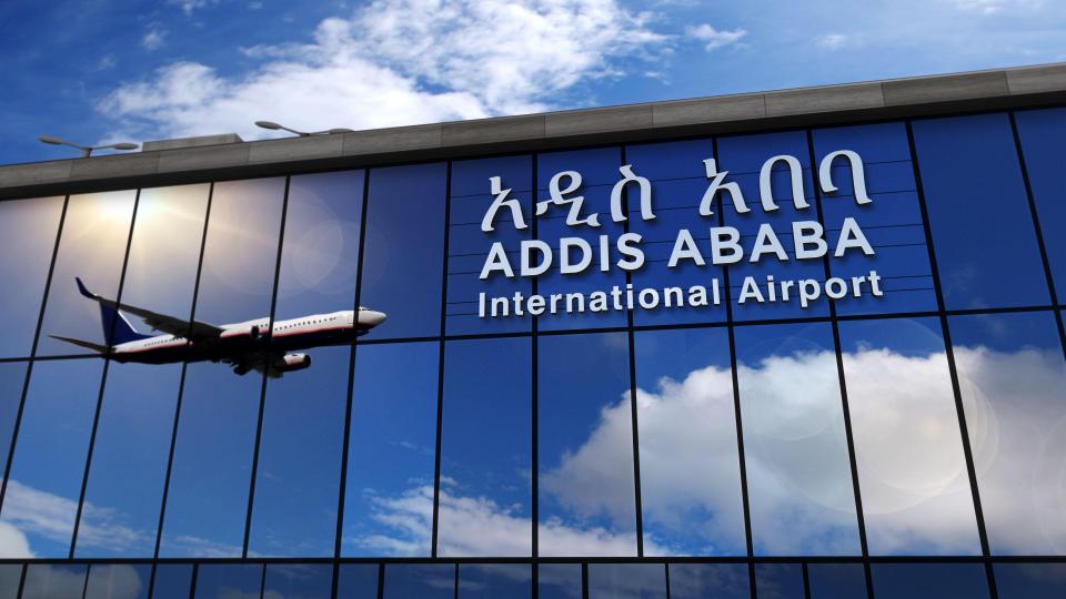 a plane is taking off from addis ababa international airport