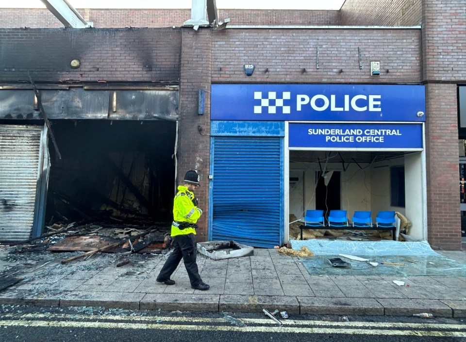 The burnt out shell of Sunderland Central police station on Saturday