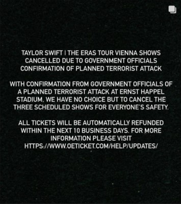 Swift concert organisers released a statement saying the shows have been cancelled