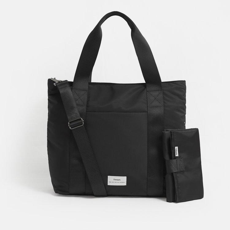 a black tote bag with a smaller bag attached to it