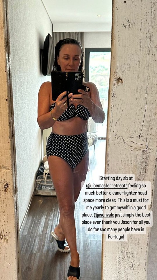 Shirley looked incredible as she striped to a bikini on a juicing retreat