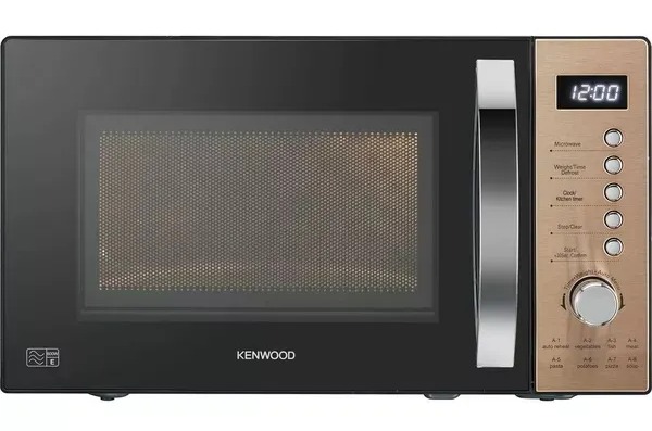 a black and gold kenwood microwave oven shows the time as 12:00