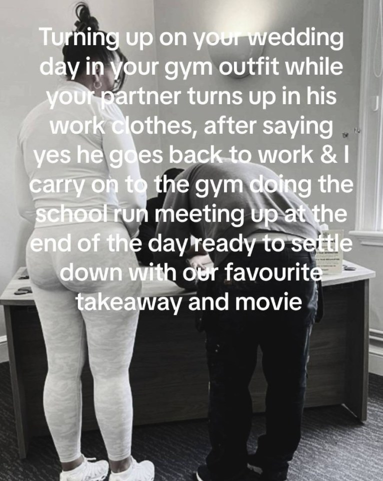 a man and a woman standing next to each other with a caption that says turning up on your wedding day in your gym outfit