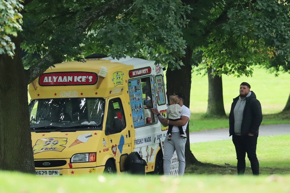 a yellow alyaan ice 's ice cream truck is parked in a park