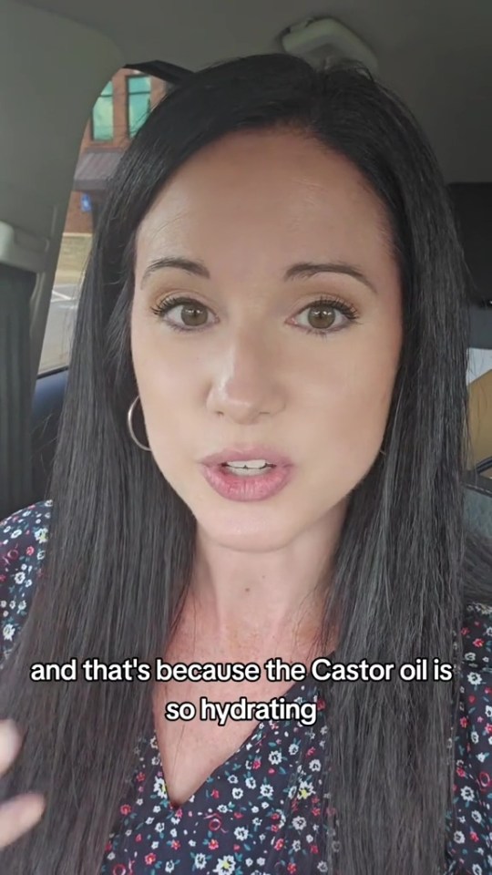 a woman in a car talking about castor oil