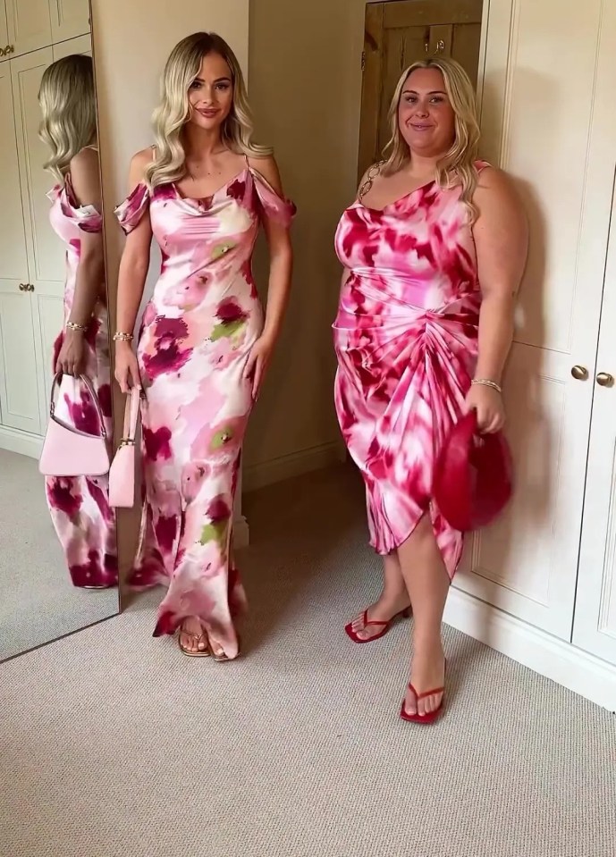 two women in pink floral dresses standing next to each other