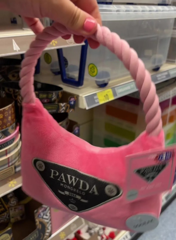 a person is holding a pink pawda purse in their hand