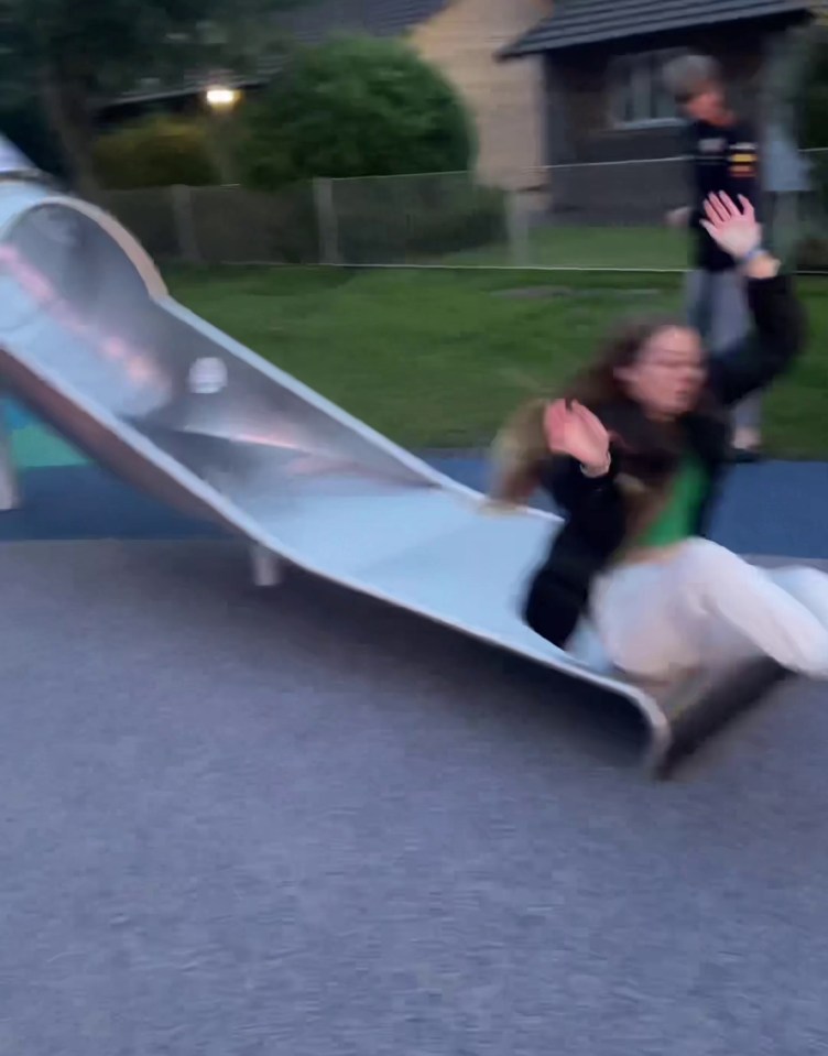 Keighley went flying out the bottom of the slide thanks to her slippery joggers from Shein