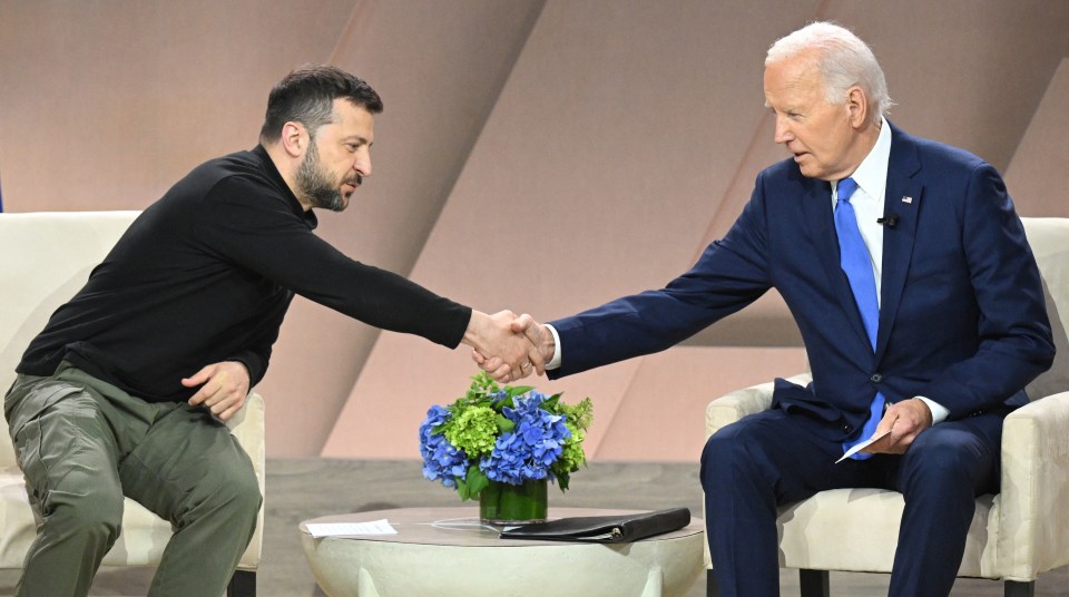 US President Joe Biden meets with Ukraine's President Volodymyr Zelensky on the sidelines of the NATO Summit at the Walter E. Washington Convention Center in Washington, DC, July 11, 2024. (Photo by SAUL LOEB / AFP) (Photo by SAUL LOEB/AFP via Getty Images)