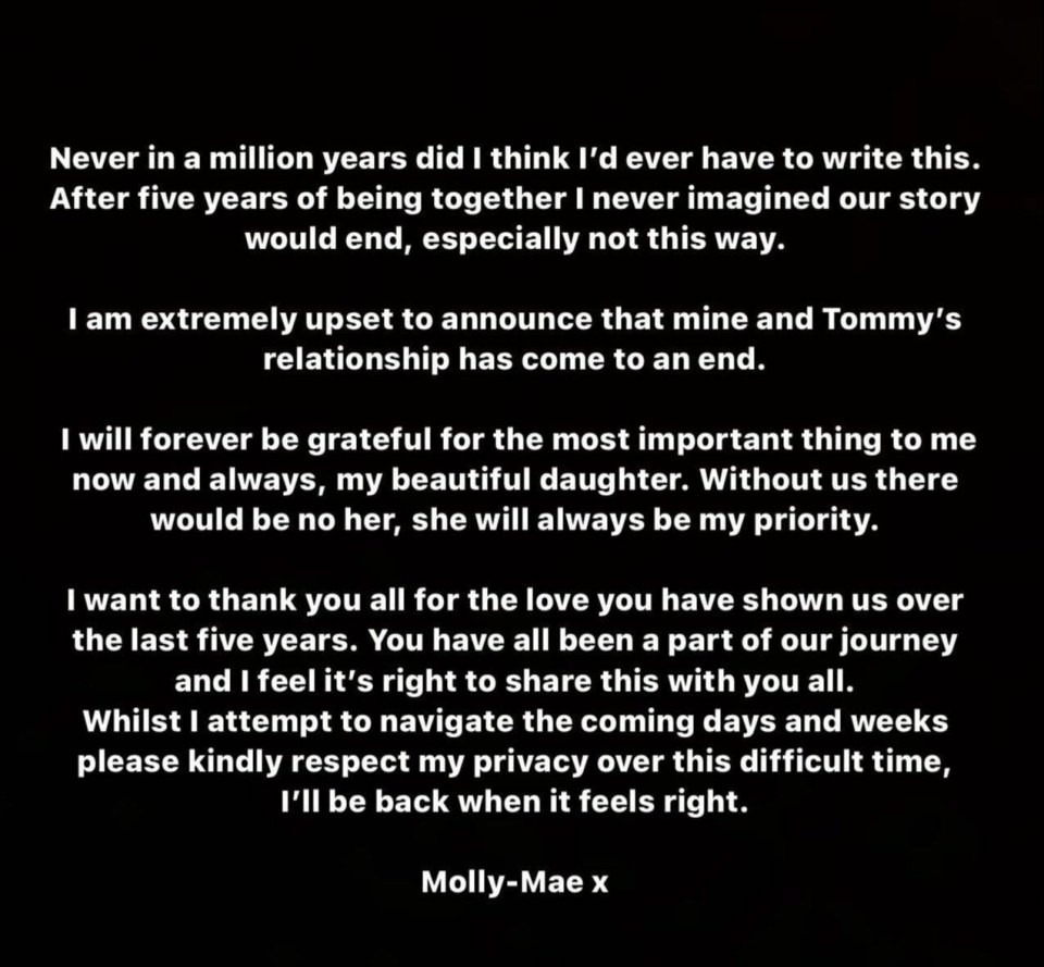 molly mae wrote a letter to her daughter tommy