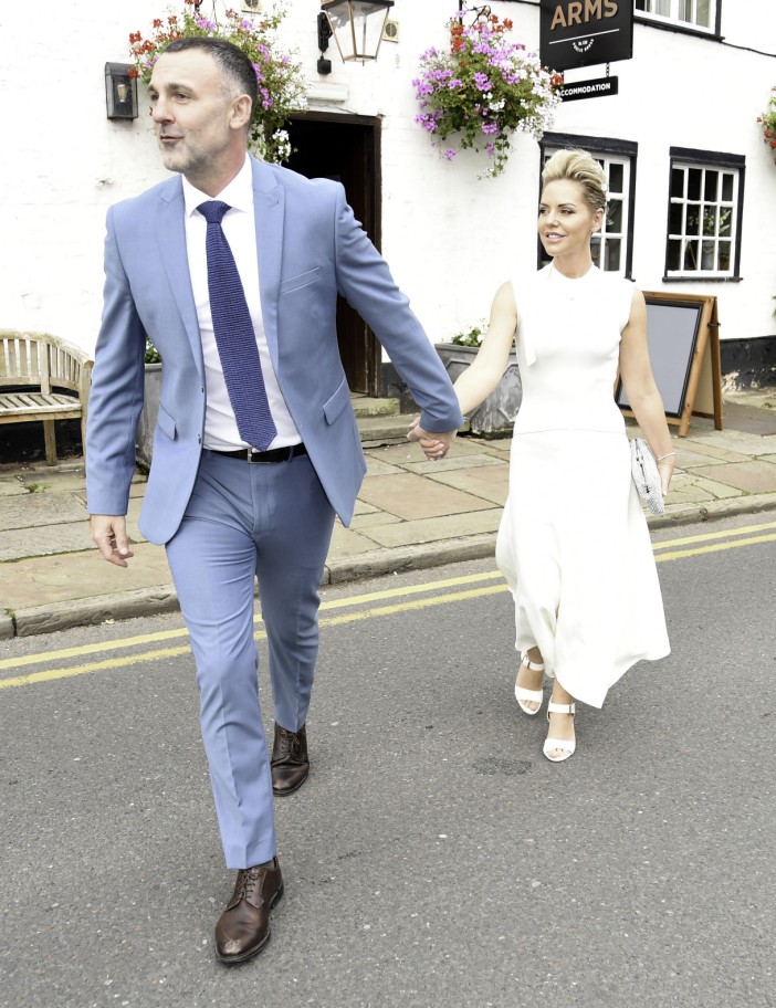 EXCLUSIVE: * Sold SOL * * Print Fees TBA * Axed Hollyoaks actress Stephanie Waring 46, officially and legally marries new husband Tom Thorton-Brookes, as they arrive for their wedding at The Coast restaraunt in Prestbury, Macclesfield. Co-stars Ross Adams, Kelly Condron and Gabriel Clark were in attendance, Tom and Steph's official wedding song they danced to was Beyonce - "Cuff It" as they danced into the earlier hours of the morning. Pictured: tom thornton-brookes,steph waring Ref: BLU_S7877019 250824 EXCLUSIVE Picture by: Aaron Parfitt / SplashNews.com Splash News and Pictures USA: 310-525-5808 UK: 020 8126 1009 eamteam@shutterstock.com World Rights