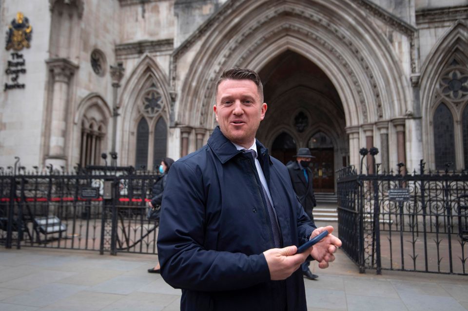 Tommy Robinson outside the Royal Courts of Justice, London, for the libel case brought against him by Jamal Hijazi. The English Defence League founder commented about a video of Mr Hijazi being attacked in a school playground, claiming he was "not innocent and he violently attacks young English girls in his school". Picture date: Wednesday April 21, 2021. PA Photo. A video showing Jamal Hijazi, then 16, being pushed to the ground and threatened with drowning at Almondbury School in Huddersfield provoked outrage after it was widely shared in November 2018. See PA story COURTS Robinson. Photo credit should read: Victoria Jones/PA Wire