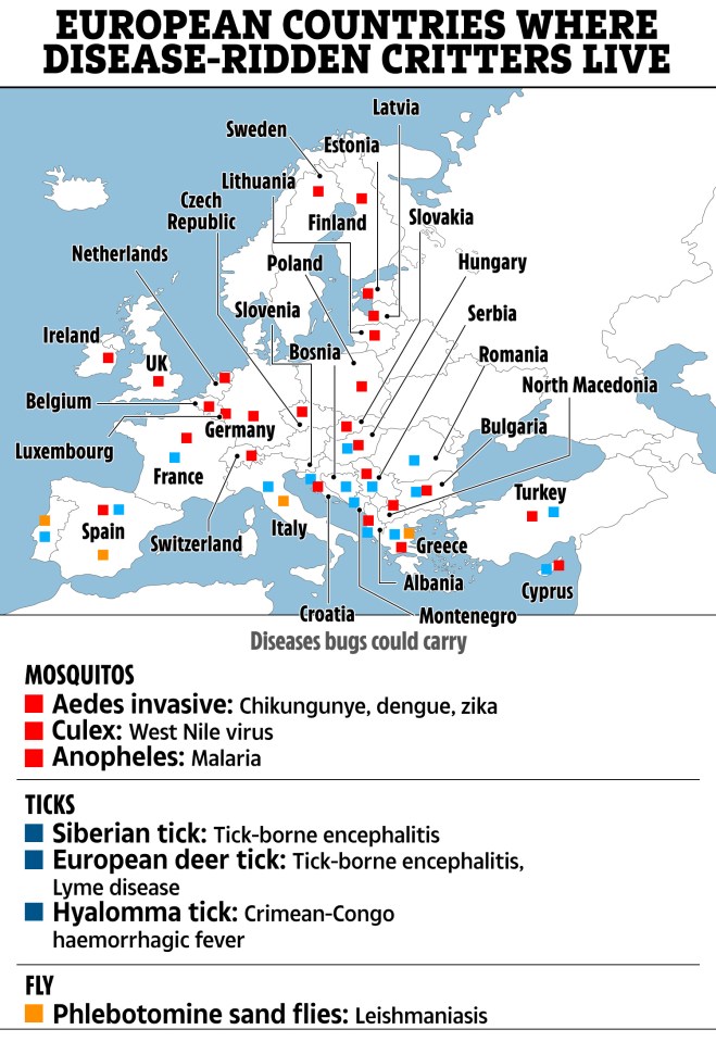 Where new disease-ridden critters have become established in Europe