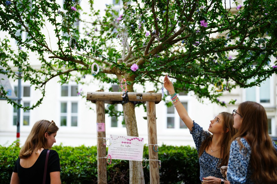 Fans of Taylor Swift hang beaded bracelets on a 'friendship bracelet tree' in Vienna after her shows were cancelled