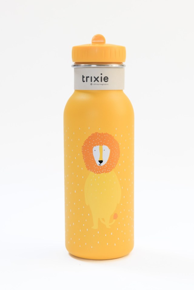 a yellow trixie water bottle with a lion on it