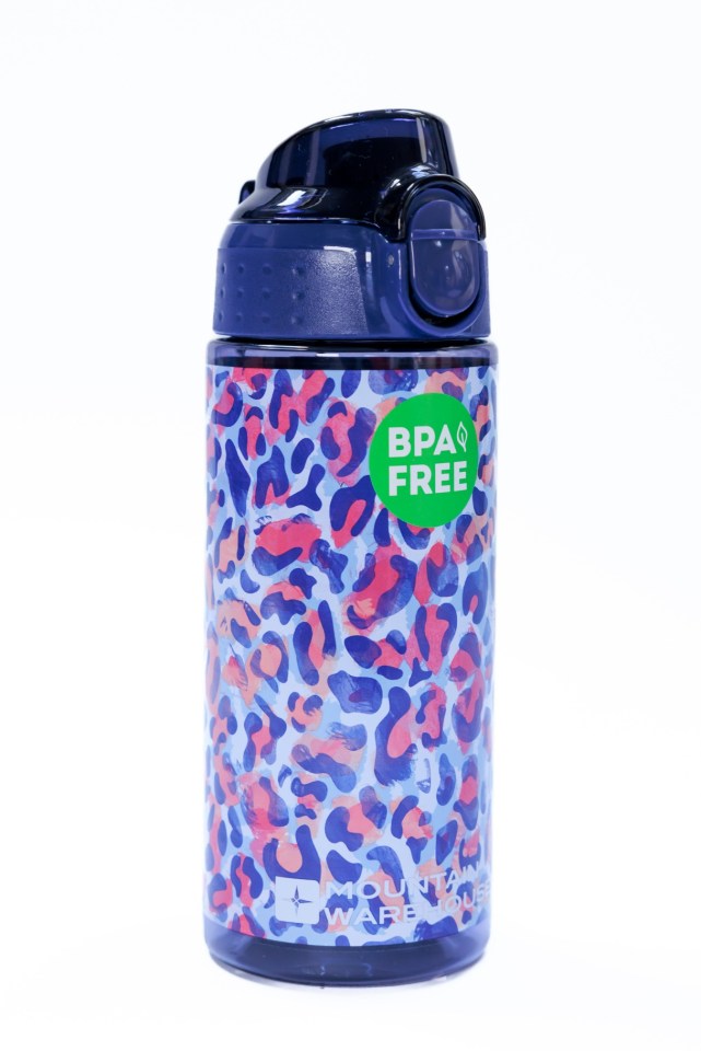 a bpa free water bottle with a leopard print