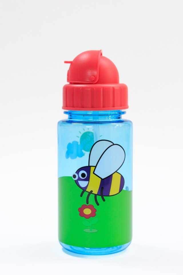 a blue water bottle with a bee on it