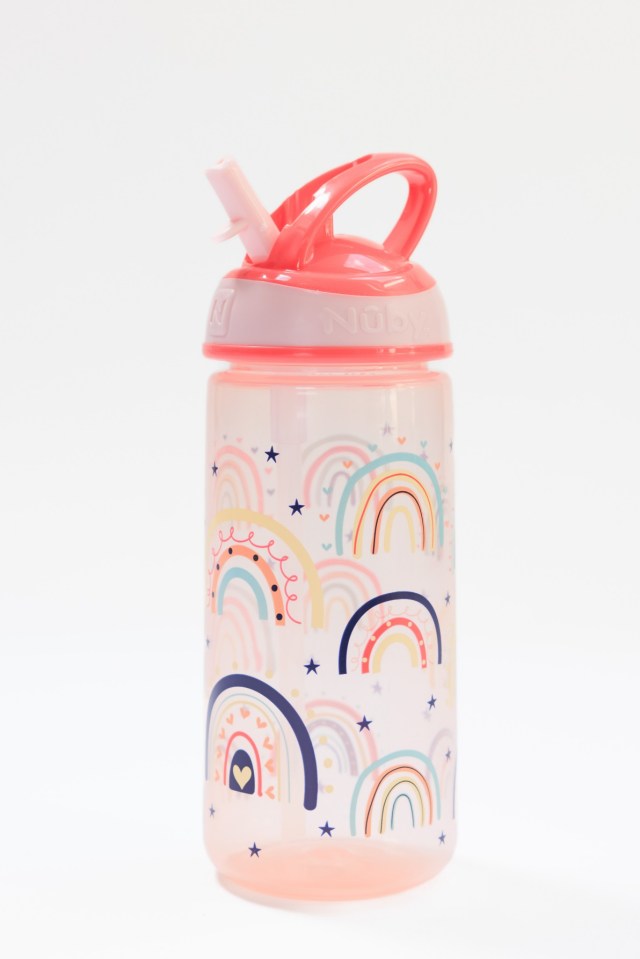 a water bottle with rainbows and stars on it