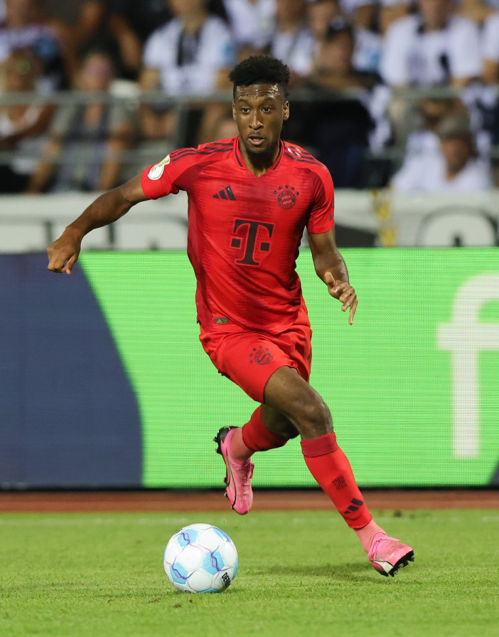 ULM, GERMANY - AUGUST 16: Kingsley Coman of FC Bayern München plays the ball during the DFB-Pokal match between SSV Ulm 1846 and FC Bayern München at on August 16, 2024 in Ulm, Germany. (Photo by Ralf Ibing - firo sportphoto/Getty Images)