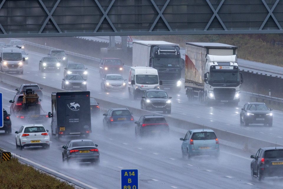 Heavy rain on Saturday on the A14 near Cambridge