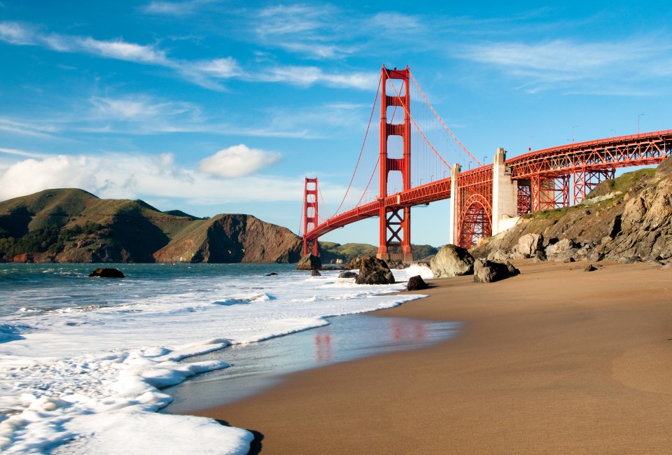 The iconic Golden Gate Bridge as seen from Marshall Beach in San Francisco