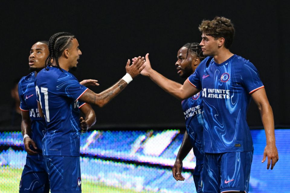 ATLANTA, GEORGIA - JULY 31:   Marc Guiu of Chelsea celebrates his side's second goal with Malo Gusto & his team-mates during the Pre-Season Friendly match between Chelsea FC and Club America at Mercedes-Benz Stadium on July 31, 2024 in Atlanta, Georgia. (Photo by Darren Walsh/Chelsea FC via Getty Images)