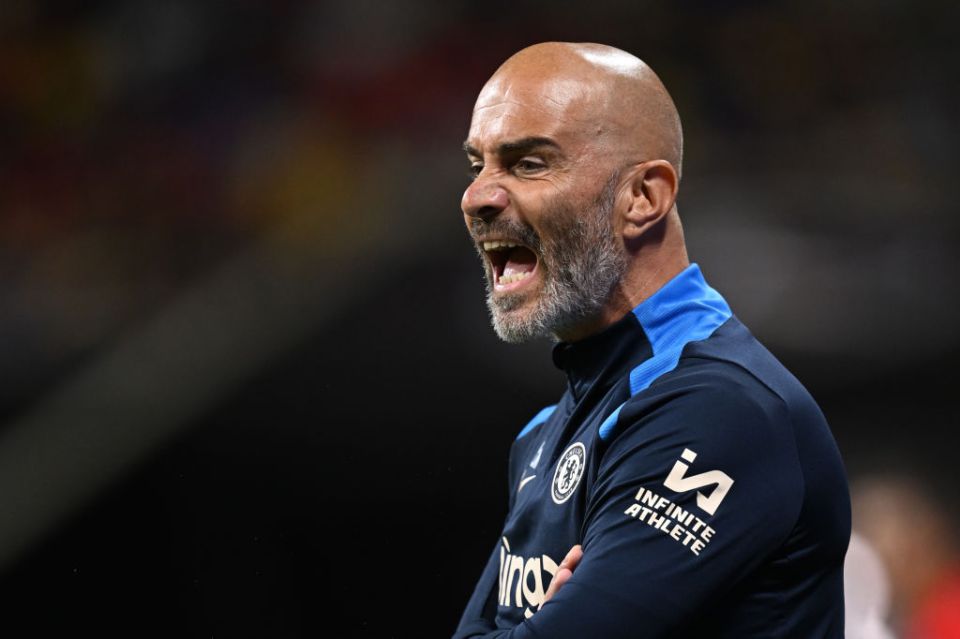 ATLANTA, GEORGIA - JULY 31:   Chelsea Head Coach / Manager Enzo Maresca reacts during the Pre-Season Friendly match between Chelsea FC and Club America at Mercedes-Benz Stadium on July 31, 2024 in Atlanta, Georgia. (Photo by Darren Walsh/Chelsea FC via Getty Images)