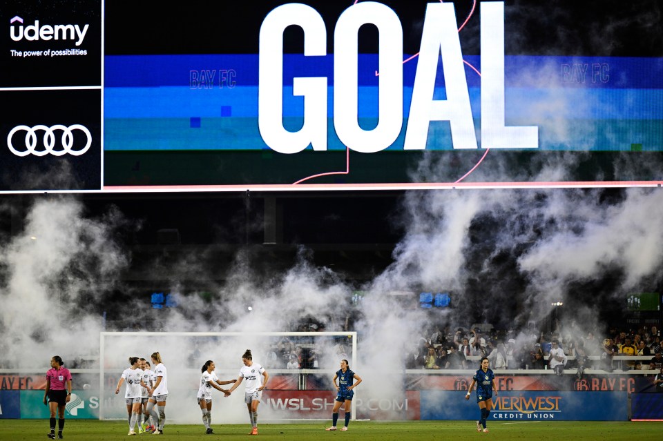 Jen Beattie of Bay FC celebrates her goal against Club América at PayPal Park with teammates