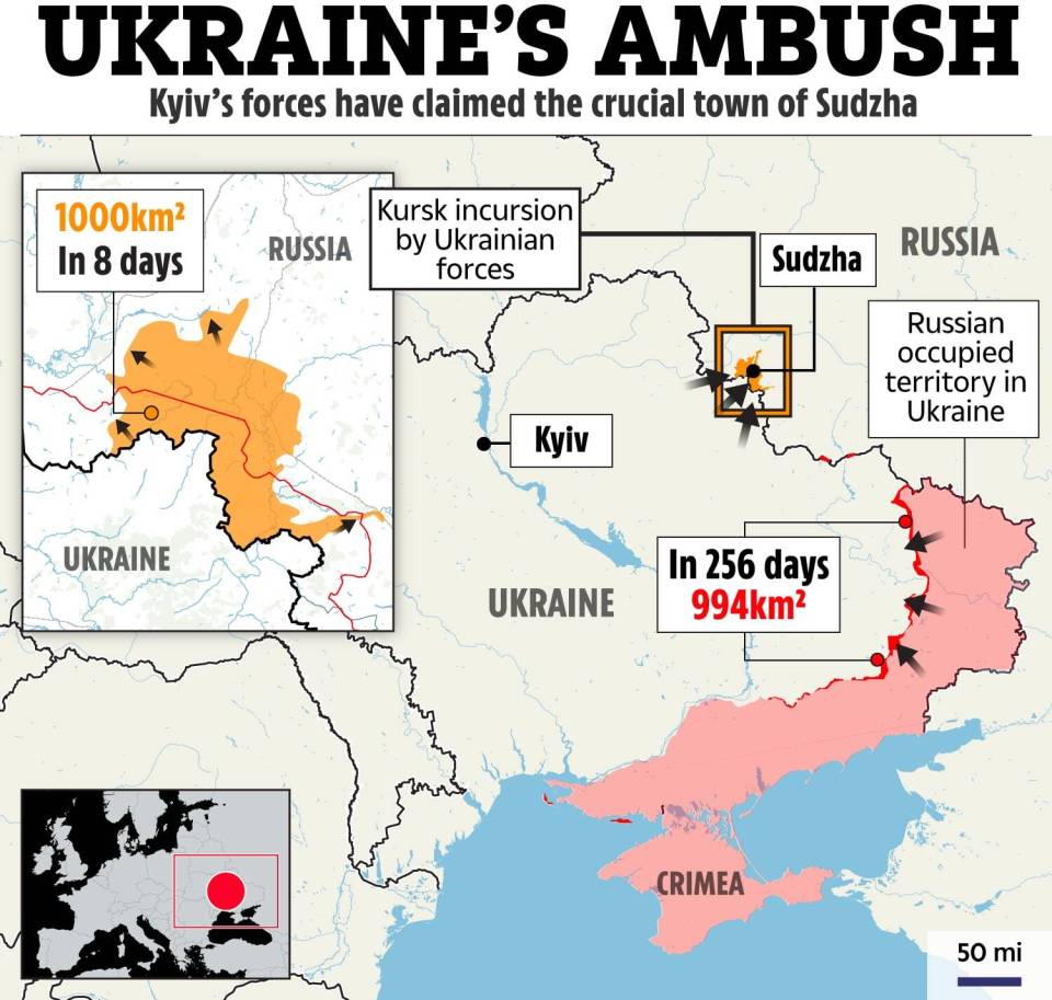 a map showing ukraine 's ambush claims the crucial town of sudzha