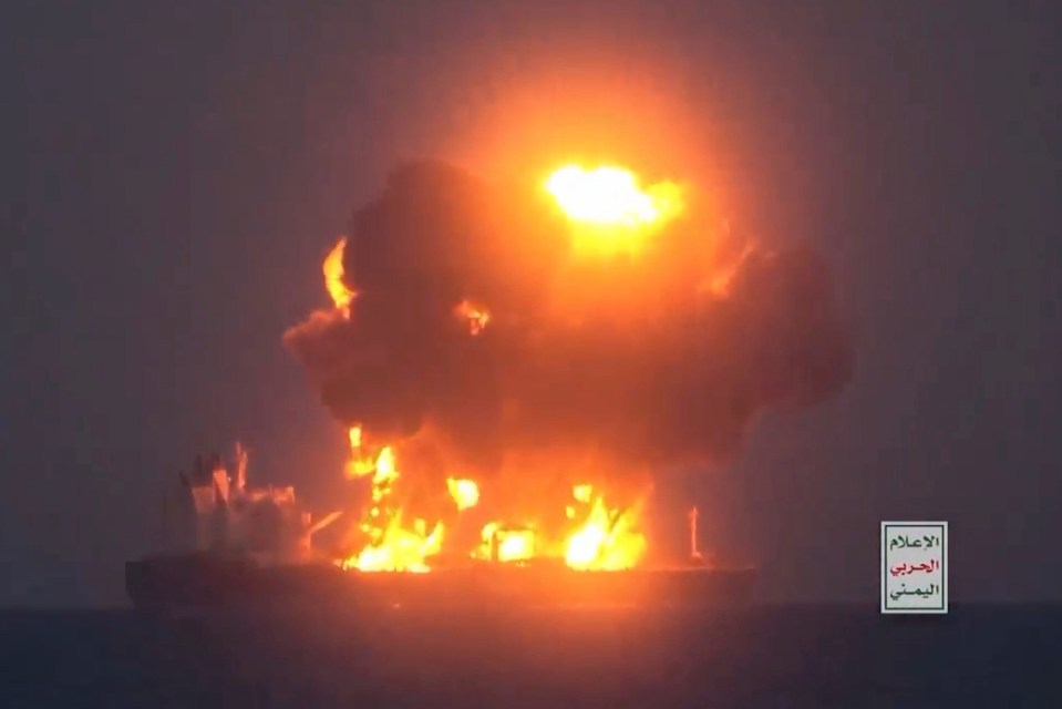 This frame grab from video released by the Ansar Allah Media Office, the media arm of Yemen's Houthi rebels, on Friday, Aug. 23, 2024, shows what the Houthis describe as one of their attacks on the Greek-flagged oil tanker Sounion in the the Red Sea. The logo in the bottom righthand corner of the image reads in Arabic: "Yemeni War Media." (Ansar Allah Media Office via AP)