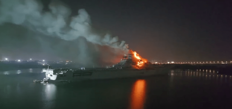 Footage from a drone caught the ship ablaze