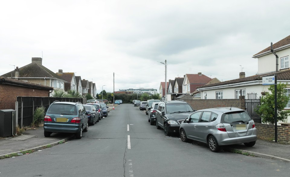 a row of cars are parked on the side of a road in a residential area